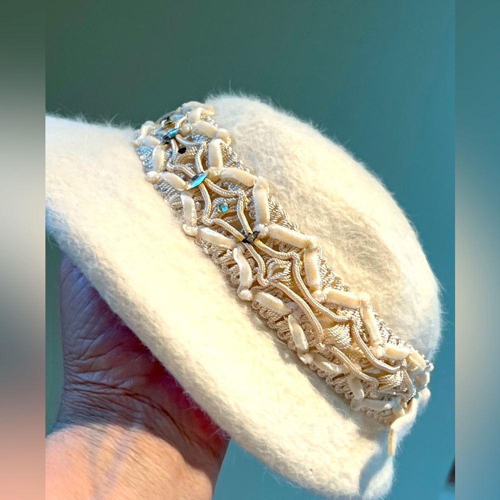 Vintage Italian Angora Velvet, Ribbon Bead Embellished Hat 22”